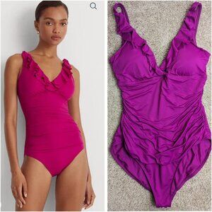NWT Lauren Ralph Lauren sz 16 hot pink ruffled ruched padded one piece swimsuit